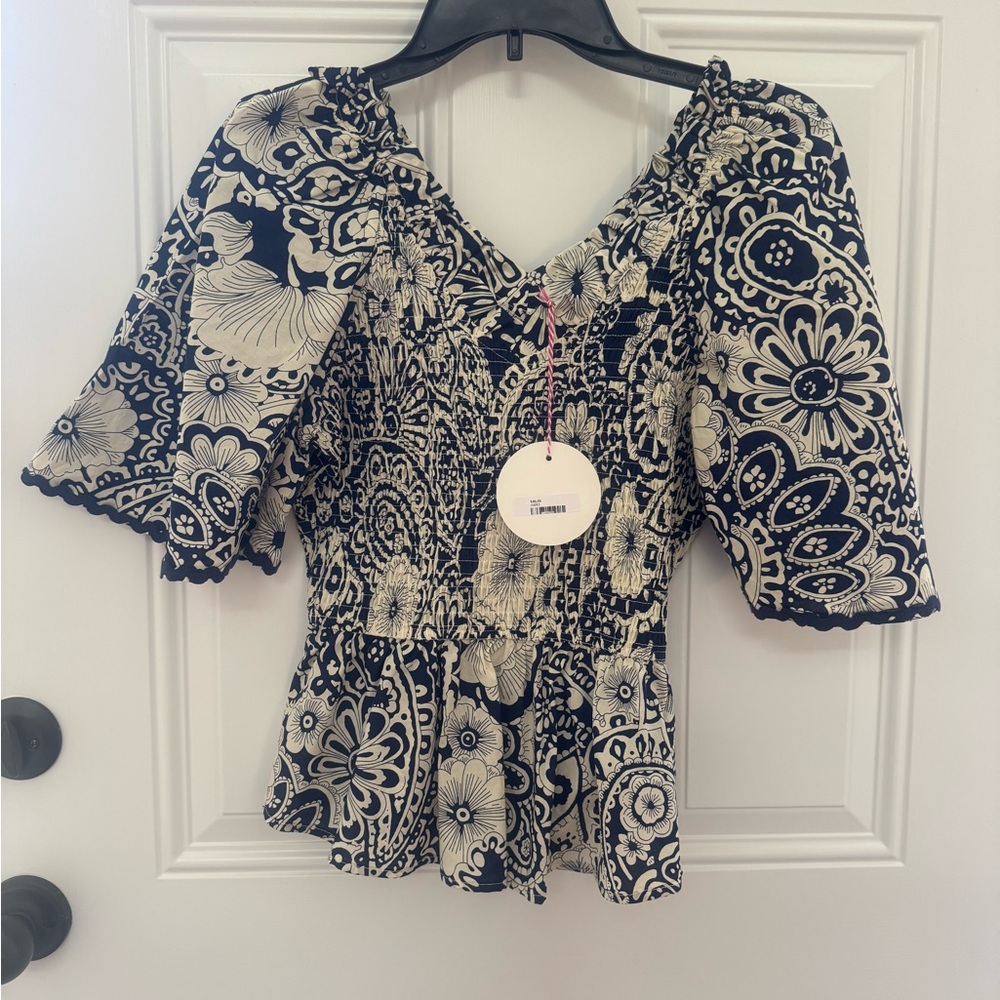 Umgee Navy and Cream Floral Blouse
